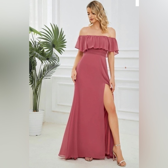 Ever Pretty Dresses & Skirts - Ever-Pretty Chiffon Ruffle Off Shoulder Thigh Slit Dress